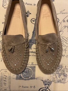 Frye Taupe Suede Studded Tassel Moccasins